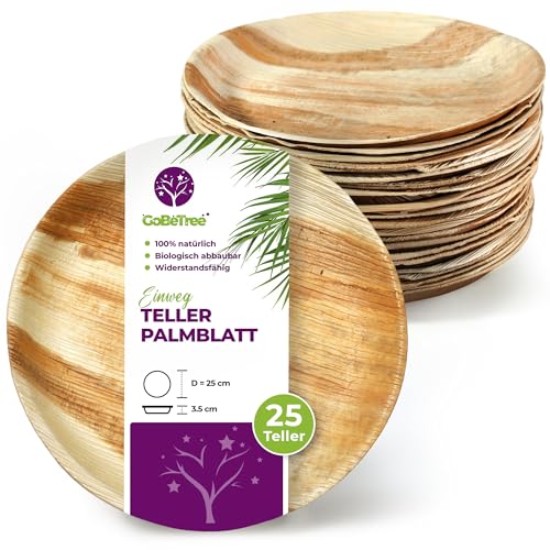 GoBeTree 25 Runde Palmblatt Teller Ø 25 cm, Palmblatt Geschirr Einwegteller, Biologisch abbaubares Einmalgeschirr für Party, Alternative zu Bambusteller von GoBeTree