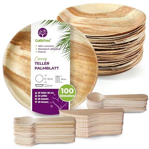 GoBeTree 25 runde Palmblattteller, 25 cm, mit 75 Holzbestecken, biologisch abbaubar und umweltfreundlich, 100 Stück von GoBeTree