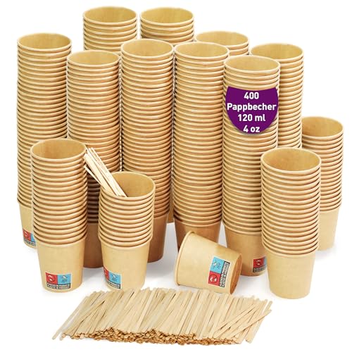 GoBeTree 400 Einweg-Kaffeebecher aus Kraftkarton mit 120 ml / 4 oz Fassungsvermögen, Einweg-Kaffeebecher aus Kraftkarton mit hölzernen Kaffeerührern. Für heiße und kalte Getränke, Cremefarben von GoBeTree
