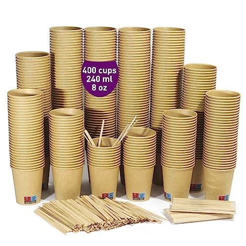 GoBeTree 400 kraftpapierbecher aus Pappe, 240 ml / 8 oz, mit Holzstäbchen, für Americano-Kaffee, Milchkaffee und Erfrischungsgetränke von GoBeTree