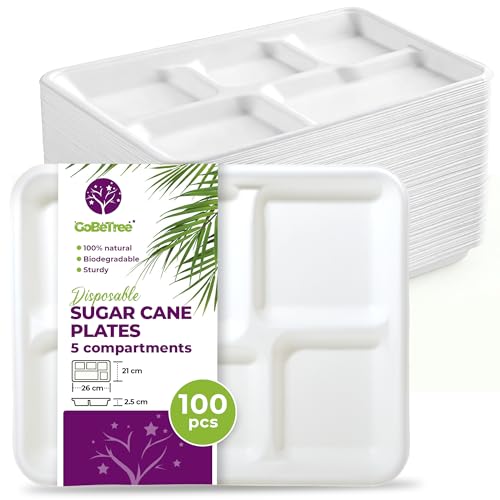 GoBeTree 100 Einwegteller aus Zuckerrohr, 26 cm, mit 5 Fächern, mikrowellengeeignet, stabil in Weiß – Ideal als Einweggeschirr für Feiern, Catering, Feste und mehr: langlebig, umweltbewusst. von GoBeTree