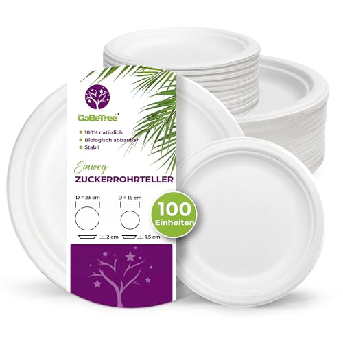GoBeTree 100 runde Einwegteller aus bagazo Bagasse und Zuckerrohr, microondas geeignet, 50 Teller 23 cm und 50 Teller 15 cm. Extra stark für Party, Picknick, Grill, Camping und fröhliche Geburtstage. von GoBeTree
