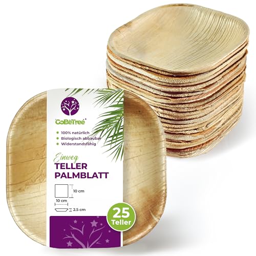 GoBeTree Einwegteller aus Palmblättern, 25 Quadratische Teller mit 10 cm Durchmesser für Grillpartys, Picknicks und Geburtstagsfeiern, ähnlich Bambus, stärker als Papierteller von GoBeTree