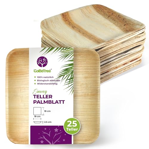 GoBeTree 25 Palmblatt Teller 18x18 cm, Palmblatt Geschirr Einwegteller, Biologisch abbaubares Einmalgeschirr für Party, Alternative zu Bambusteller von GoBeTree