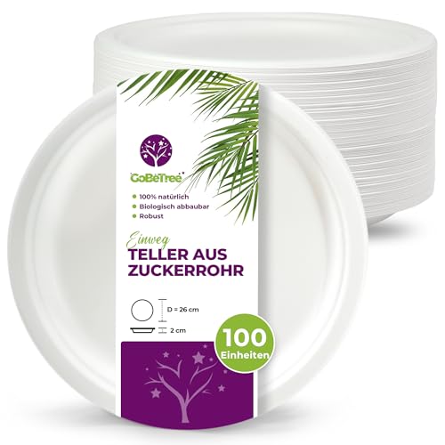GoBeTree 100 Stück runde Pappteller aus Zuckerrohr, 26 cm, weiß. Extra starke Einweg-Pappteller für Camping, Picknick, Partys, Grillabende, Geburtstage. von GoBeTree