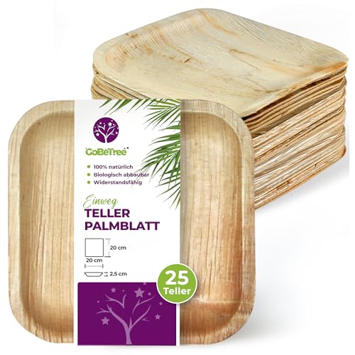 GoBeTree 25 Palmblatt Teller 20x20 cm, Palmblatt Geschirr Einwegteller, Biologisch abbaubares Einmalgeschirr für Party, Alternative zu Bambusteller von GoBeTree