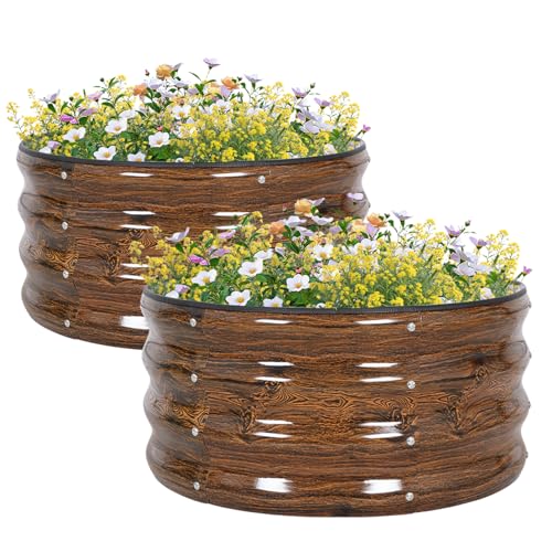 GoCampDirect 60 x 60 x 30 cm rund Hochbeet Pflanzbeet Frühbeet Gartenbeet Pflanzkübel Pflanzkasten Blumenkasten Gemüsebeet Blumenbeet Holzfarbe Verzinkter Stahl （2 Pakete） von GoCampDirect