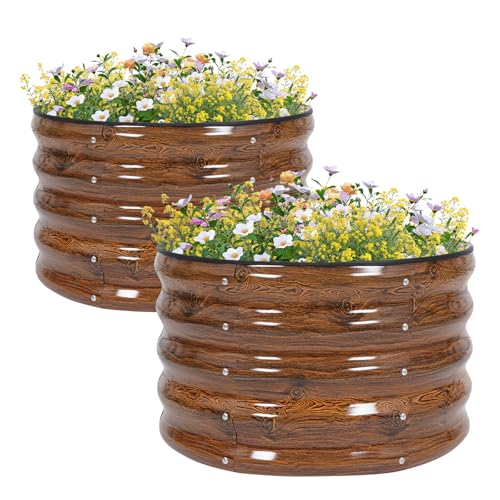 GoCampDirect 60 x 60 x 42 cm rund Hochbeet Pflanzbeet Frühbeet Gartenbeet Pflanzkübel Pflanzkasten Blumenkasten Gemüsebeet Blumenbeet Holzfarbe Verzinkter Stahl（2 Pakete） von GoCampDirect