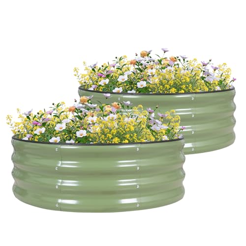 GoCampDirect 90 x 90 x 30 cm rund Hochbeet Pflanzbeet Frühbeet Gartenbeet Pflanzkübel Pflanzkasten Blumenkasten Gemüsebeet Blumenbeet Olivgrün Verzinkter Stahl（2 Pakete） von GoCampDirect