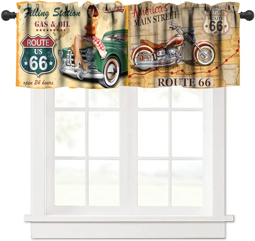 GoDazzling Route 66 Küchen-Vorhang, Volant, Motiv: Dame sitzt auf einem Auto, Autobahn, nostalgisches Thema, Fenstervolant, für Schlafzimmer, Wohnzimmer, Café, Badezimmer, 1 Paneel, B 137 x L 45 cm von GoDazzling