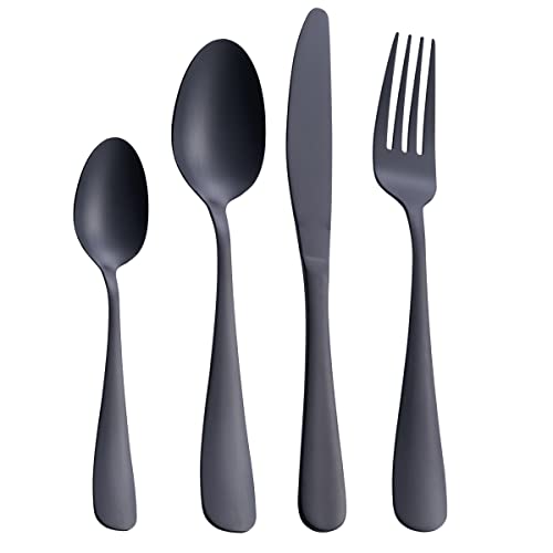 GoGeiLi Matt Schwarz Besteckset, 24-teilig Edelstahl Besteck-Set in Satin-Finish, Service für 6 Personen, spülmaschinenfest von GoGeiLi