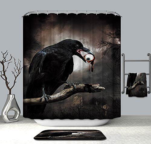 Rabe Duschvorhang, Gothic Realm Dark Black Raven Crow with Horror Eyeball Bird Halloween Bathroom Decor von GoJeek