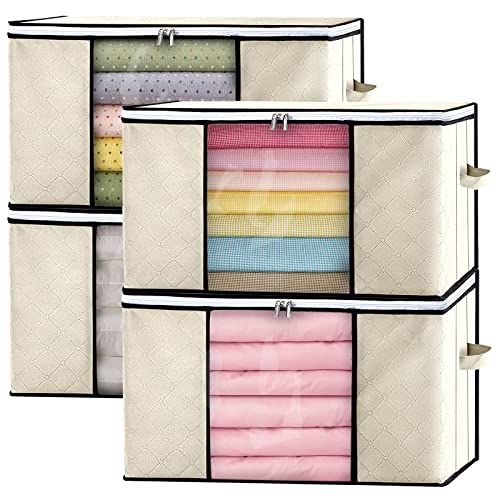 GoMaihe Aufbewahrungstasche 4 STK Aufbewahrungsbox mit Deckel Groß, Kleideraufbewahrung Umzugskartons Faltbare Aufbewahrung Boxen für Kleidung Bettdecken Decken Kleiderschrank Organizer Beige von GoMaihe