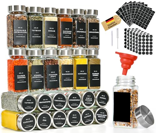 Gewürzgläser Eckig mit Gewürzetiketten 25er: Glas Gewürzdosen 120ml, Spice Jars mit Streueinsatz, Trichter, Bürste, Kreidestift, Für Küche Gewürze Aufbewahrung, Gewürzregal, Schublade von GoMaihe