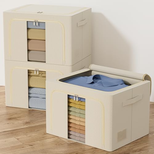 GoMaihe 3 Stück Aufbewahrungstasche mit Metallrahmen 198L - Stapelbare Aufbewahrungstasche für Bettdecken Kleidung - Faltbare Kleideraufbewahrung Box Abstellraum Kleiderschrank Organizer (Beige,66L) von GoMaihe