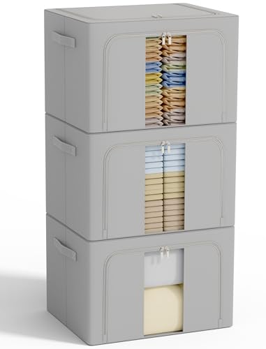GoMaihe 3 Stück Aufbewahrungstasche mit Metallrahmen 270L - Stapelbare Aufbewahrungstasche für Bettdecken Kleidung - Faltbare Kleideraufbewahrung Box Abstellraum Kleiderschrank Organizer (Grau,90L) von GoMaihe