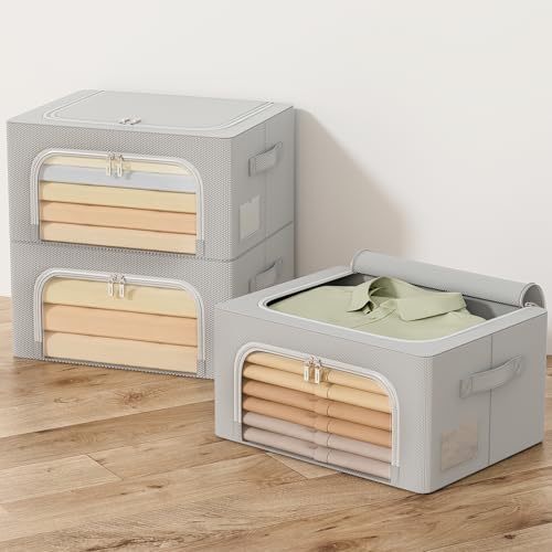 GoMaihe 3 Stück Aufbewahrungstasche mit Metallrahmen 72L - Stapelbare für Bettdecken Kleidung - Faltbare Kleideraufbewahrung Box Abstellraum Kleiderschrank Organizer (Grau,24L) von GoMaihe