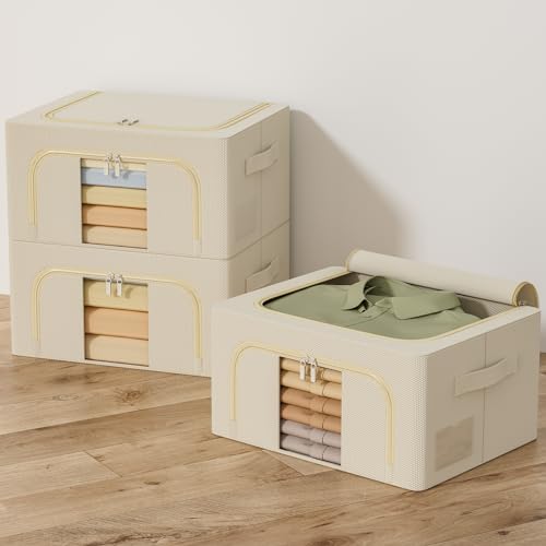 GoMaihe 3 Stück Aufbewahrungstasche mit Metallrahmen 72L - Stapelbare für Bettdecken Kleidung - Faltbare Kleideraufbewahrung Box Abstellraum Kleiderschrank Organizer (Beige,24L) von GoMaihe