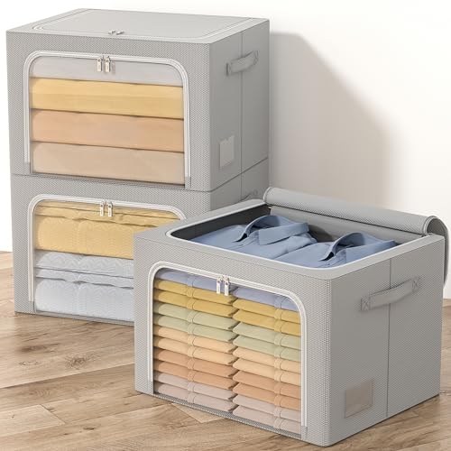 GoMaihe 3 Stück Aufbewahrungstasche mit Metallrahmen 198L - Stapelbare Aufbewahrungstasche für Bettdecken Kleidung - Faltbare Kleideraufbewahrung Box Abstellraum Kleiderschrank Organizer (Grau,66L) von GoMaihe