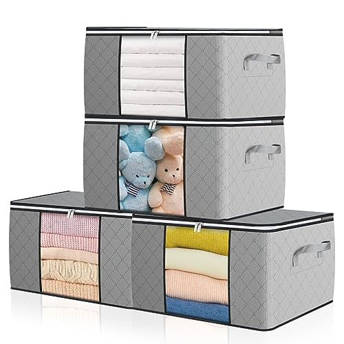 GoMaihe 4 Stück 90L Aufbewahrungstasche Groß, Aufbewahrungsbox mit Deckel Verstärkt Griff, Faltbare Umzugskartons mit Klarem Fenster Aufbewahrung für Kleidung Bettdecken Decke Koffer Organizer Grau von GoMaihe