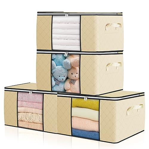 GoMaihe 4 Stück 90L Aufbewahrungstasche Groß, Aufbewahrungsbox mit Deckel Verstärkt Griff, Faltbare Umzugskartons mit Klarem Fenster Aufbewahrung für Kleidung Bettdecken Decke Koffer Organizer Beige von GoMaihe