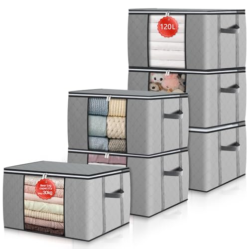 GoMaihe 6 Stück 120L Aufbewahrungstasche für Bettdecken Kleidung Decken, Verstärkte Griffe Leicht zu bewegen Umzugskartons für Unterbett Aufbewahrung Kleiderschrank Boxen Aufbewahrungsbox mit Deckel von GoMaihe