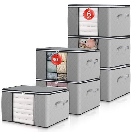 GoMaihe 6 Stück Aufbewahrungstasche Aufbewahrungsbox mit Deckel Kleiderschrank Organizer Faltbare Kleideraufbewahrung Umzugskartons mit Verstärkt Griff für Kleidung Bettdecken Kissen 90L Grau von GoMaihe