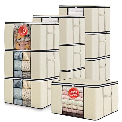 GoMaihe 90L Aufbewahrungstasche 10 Stück, Aufbewahrungsbox mit Deckel Groß Verstärkte Griffe, Kleidung Umzugskartons für Bettdecken, Unterbett Aufbewahrung Kleiderschrank Boxen Organizer Beige von GoMaihe