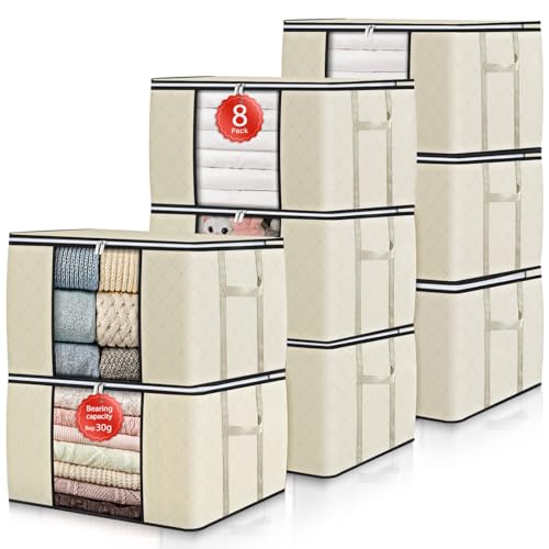 GoMaihe 90L Aufbewahrungstasche 8 Stück, Aufbewahrungsbox mit Deckel Groß Verstärkte Griffe, Kleidung Umzugskartons für Bettdecken, Unterbett Aufbewahrung Kleiderschrank Boxen Organizer Beige von GoMaihe