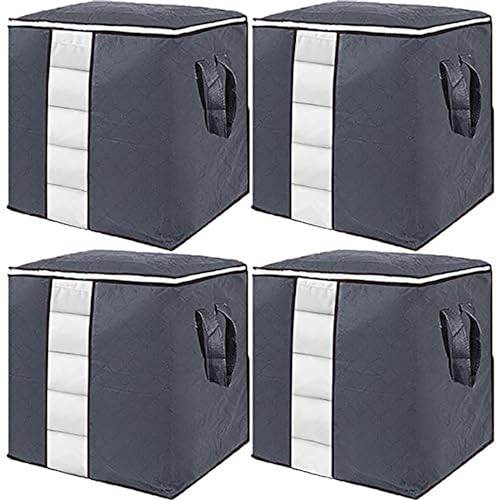 GoMaihe Aufbewahrungstasche 4 Set, Faltbare Aufbewahrungsbox mit Deckel Kleideraufbewahrung Groß, kleiderschrank Organizer mit Reißverschluss Griff Aufbewahrung Boxen für Bettdecken Kleidung Decken von GoMaihe