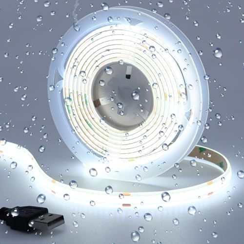 GOMING DC 5V USB COB LED Strip Kaltes Weiß 6000K LED Streifen 2M 320LED/M CRI 93+ LED Band Selbstklebend IP20 Nicht Wasserdicht LED Lichtband für Innen Heim Küche Deko von GOMING