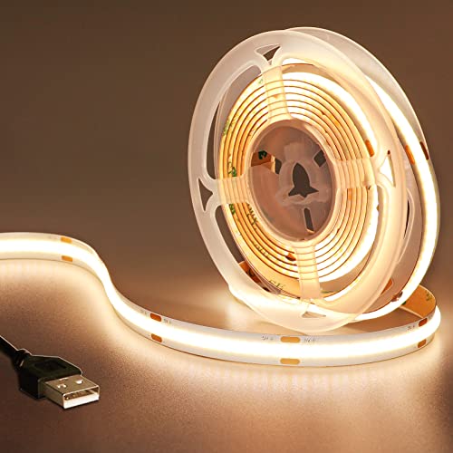 GOMING DC 5V USB COB LED Strip Warmweiß 3000K LED Streifen Warmweiss 2M 320LED/M CRI 93+ LED Band Selbstklebend IP20 Nicht Wasserdicht LED Lichtband für Innen Heim Küche Deko von GOMING