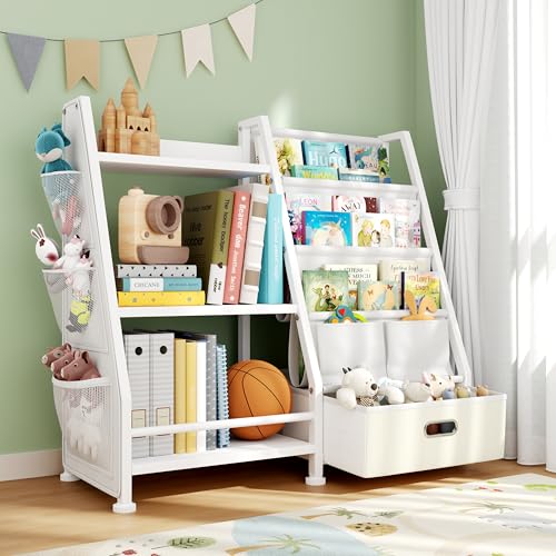 GoTiling Kinder Bücherregal Kinderzimmer Spielzeugregal: Bücherregal mit 1 Aufbewahrungsboxen und 3 Offenen Fächer, Spielzeug-Organizer für Kindergarten, Spielzimmer, Weiß von GoTiling