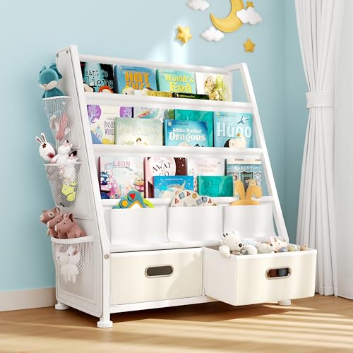 GoTiling Kinder Bücherregal Kinderzimmer Spielzeugregal: Bücherregal mit 2 Aufbewahrungsboxen und 3 Ablagen, Spielzeug-Organizer für Kindergarten, Spielzimmer, Weiß von GoTiling