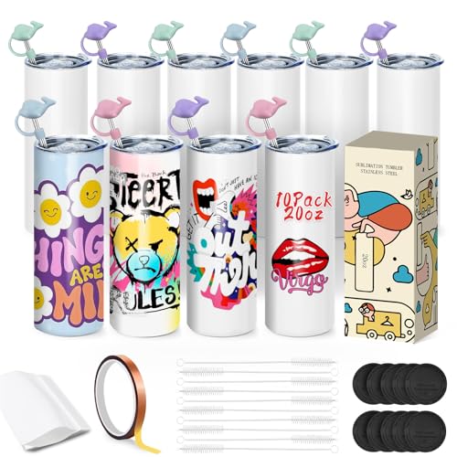 10 Stück Sublimation Rohlinge 20 oz Trinkhalm für Tassen, Sublimationsgläser Skinny Tumbler mit Deckel und Strohhalm, Weiß Gerader Edelstahlbecher mit Metall, Sublimationsbecher für Wärmeübertragung von Goanueei