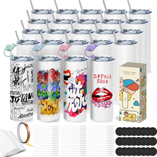 24 Stück Sublimation Rohlinge 20 oz Trinkhalm für Tassen, Sublimationsgläser Skinny Tumbler mit Deckel und Strohhalm, Weiß Gerader Edelstahlbecher mit Metall, Sublimationsbecher für Wärmeübertragung von Goanueei