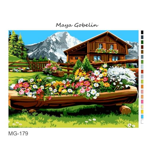 Gobelin Blumen vor dem Alpenhaus - (MG-179) (70x50 cm) Stickbild Halber Kreuzstich Stickpackung von Gobelin