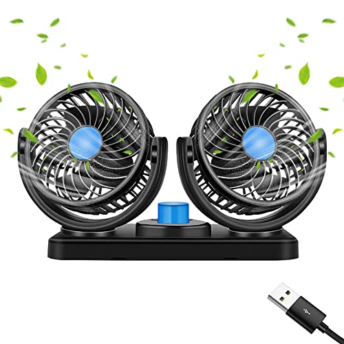 Gobesty Auto Ventilator, 5V USB Doppelkopf Autolüfter, Tragbarer Autolüfter, 360 Grad Drehen Gebläse Klimaanlage Fan Wenig Lärm Auto Lüfter 2-Gang Doppellüfter für Auto Home Office Ventilator, Schwarz von Gobesty