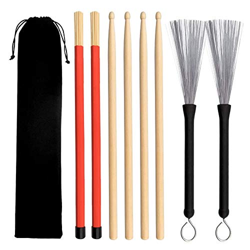 Gobesty Drumsticks Set, 2 Paar Klassische Hochwertige Ahorn-Drum-Stick-Sets mitEinziehbarerDrahttrommelbürsteundBundle-Drum-Stick-Dowel-Drumsticks Plus Wasserdichte Tasche von Gobesty