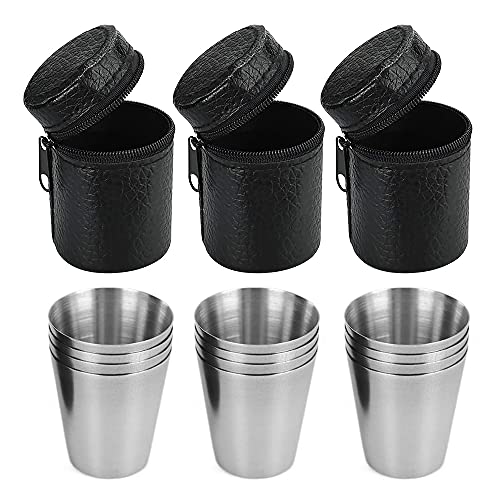 Gobesty Flachmann Becher, 12 Stück Edelstahl Becher, Stapelbare Schnapsbecher mit 3 Leder-Tasche, Trinkbecher Edelstahlbecher, Tragbar Metallbecher Ideales Flachmann-Zubehör, Tolle Geschenk-Idee von Gobesty