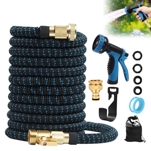 Gobesty Flexibler Gartenschlauch 15M, Wasserschlauch Flexibel, Dehnbarer Wasserschlauch mit 10 Funktionsdüse Brause, Leichter und Knickfreier Flexischlauch, Gartenschläuche mit 3-Fach Latexkern (Blau) von Gobesty