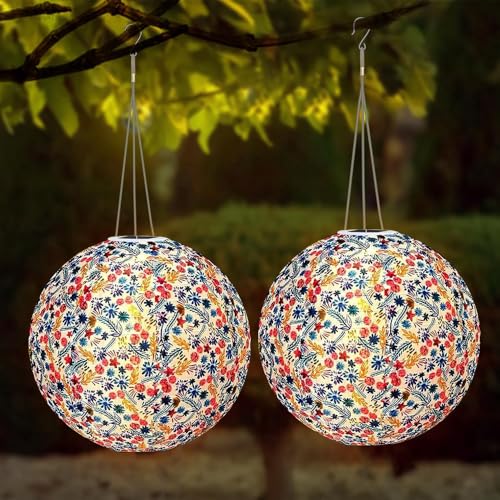 Gobesty Lampions Solar Außen, 2 Stück 30CM Solar LED Laterne Wasserdicht Nylon Hängende Gartenlaterne, LED Lampions Outdoor Solars, Lampion Außen Wetterfest für Garten, Hof, Terrasse, Hochzeit von Gobesty