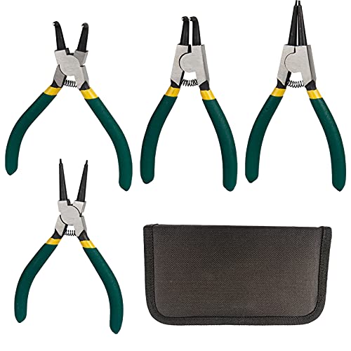 Gobesty Sprengringzangen Set, 4 Stück 125mm Sprengringzange Rutschhemmend Sicherungsringzange mit Taschen, Grün Gebogen/Gerade Seegeringzange Innen/Außen von Gobesty