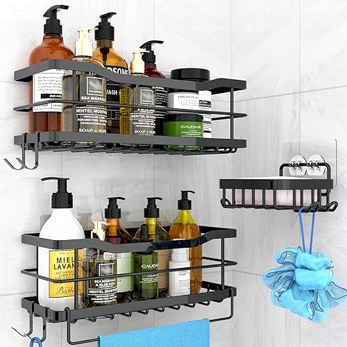 Duschablage Ohne Bohren Duschregal Schwarz Shampoo Halterung für Dusche Edelstahl Badezimmer Organizer mit Seifenschale, 3 Stück Rostfrei Duschgel Duschkorb mit 4 Haken für Bad und Küche, Wohnzimmer von Gobikey