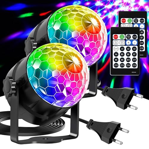 Gobikey Discokugel, Musikgesteuert Discolicht Partylicht 360° Rotierende Mit Fernbedienung und 2M Steckerkabel 15 Farbe RGBP Lichteffekte Diskokugel für Zuhause Kinder Geburtstag Party Weihnachten 2pc von Gobikey