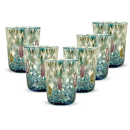 Gocce di Murano Set 6 Gläser Regen Regenbogen aus Muranoglas mundgeblasen 300 ml handgearbeitet bunt Packung 6 edle und wertvolle Wassergläser (Aquamarin, 6), 240 ml von Gocce di Murano