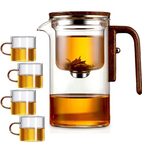 GodbTG Enchanti Tea Pot, Water Separation Glass Teapot with Wooden Handle, Press Control Magic Tea Pot (800ml) von GodbTG