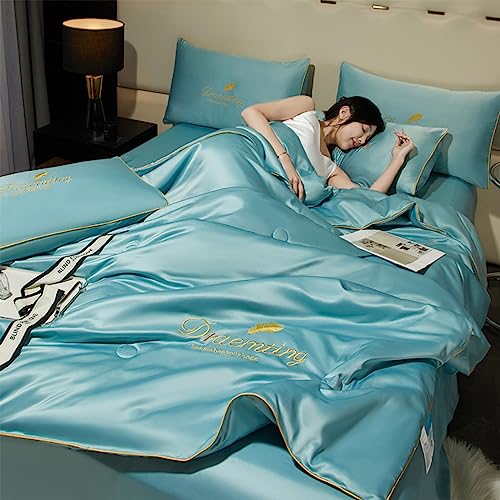 GodbTG Summer Simple Ice Silk Quilt, Blanket Easy to Clean Suitable for All Ages and Skin Types (Light Blue-Four-Piece Set,L) von GodbTG