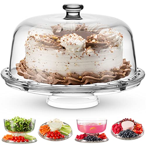 Godinger Cake Stand and Serving Plate Platter with Dome Lid, 6 in 1 Multi-Purpose Use, Italian Made Crystal Glass Footed Cake Stand, Salad Bowl, Cake Plate, Fruit Platter von Godinger