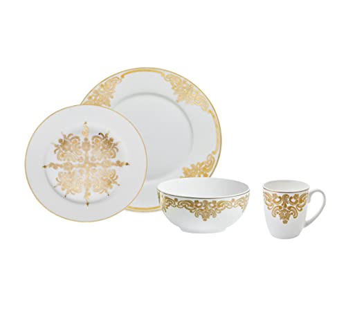 Godinger Essgeschirr mit Salat-/Dessertteller, Speiseteller, Kaffeetasse und Schale, Porzellan 20. Jahrhundert Barock 16-teiliges Set Weiß von Godinger